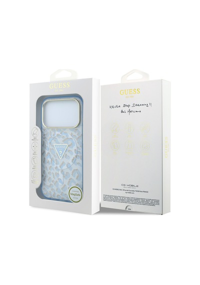 Apple iPhone Uyumlu 18 Pro Max Kılıf Guess  Lisanslı M-safeli Üçgen Logolu Simli Leopar Desenli Kapak Mavi
