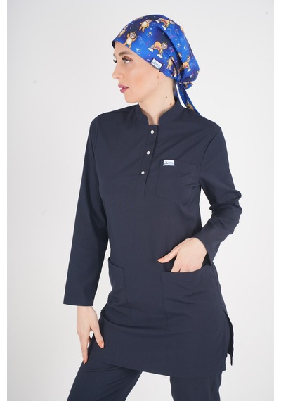 Lacivert Renk Sakura Model Tesettür Doktor Hemşire Scrubs Üniforma Takımı Lacivert