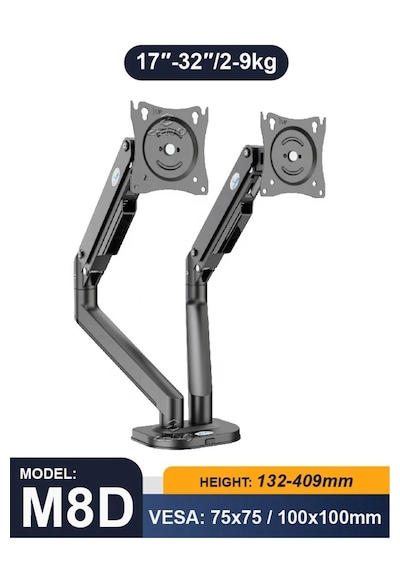 Amortisörlü Çift Monitör Tutucu 17-32 İnç Vesa Uyumlu Monitör Kolu Siyah