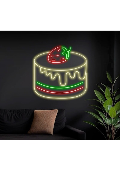 Çilekli Pasta Figürlü Neon Tabela Sarı