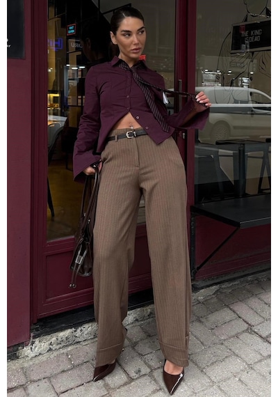 Madmext Vizon Çizgili Geniş Paça Normal Bel Kemerli Pantolon Mg2735 Vizon