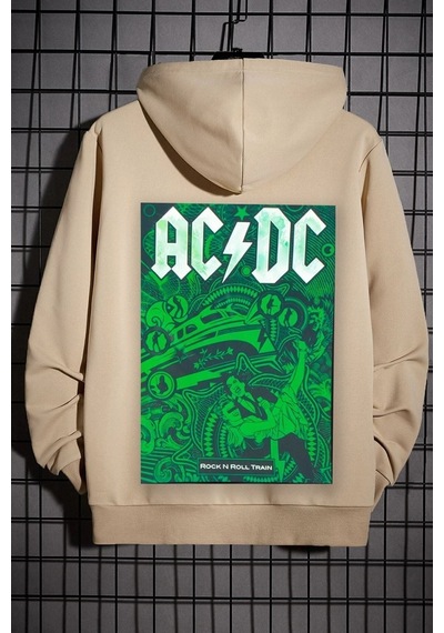 Uyguntarz Unisex Ac Dc Baskılı Kapüşonlu Sweatshirt Bej