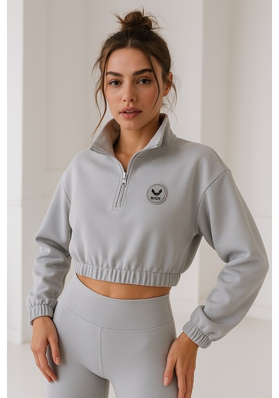 Kadın Gri Yarım Fermuarlı Beli Lastikli Crop Sweatshirt Gri