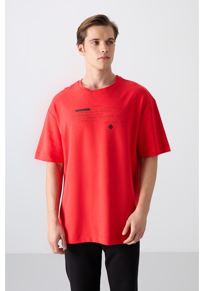 Tommy Life Fiesta Pamuklu Kalın Yumuşak Dokulu Oversize Fit Baskılı Erkek T-shirt - 88326 Kirmizi