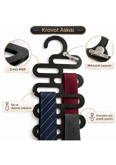 Doalino Mıknatıslı Ahşap Kravat Askısı Dolap Içi Kravat Düzenleyici Organizer Siyah
