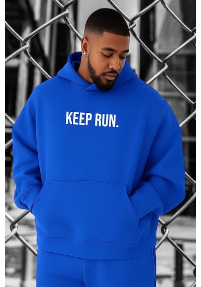 Benroma 3 İplik Penye Keep Run Baskılı Büyük Beden Sweatshırt Saks Mavisi