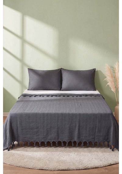 Antrasit Natural Çift Kişilik Baskılı Pike & Yatak Örtüsü 200x230 Cm