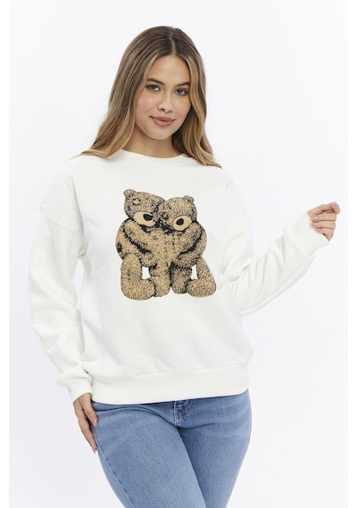 Kadife Ayıcıklar Desenli Şardonlu İçi Polarlı Ekru Regular Fit Bisiklet Yaka Kadın Sweatshirt Ekru