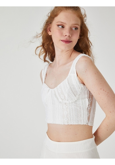 Koton Dantelli Crop Üst Ekru 2sal30286ık 2SAL30286IK010