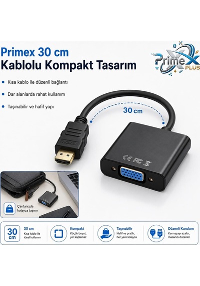 Primex Px-1240s Hdmı To Vga Çevirici Adaptör, Hdmı Erkek Vga Dişi, 30 Cm, Full Hd Görüntü Dönüştürücü