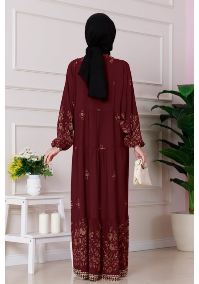 Sevitli Yarım Düğmeli Robalı Nilay Elbise-bordo-4876 Bordo