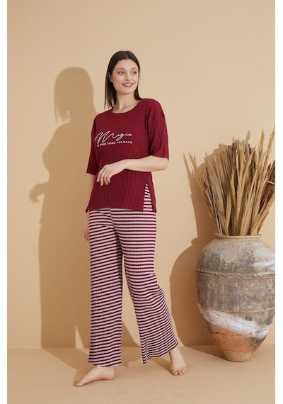 Lukitus Kısa Kollu İnce Triko Desenli Kadın Pijama Takımı Bordo