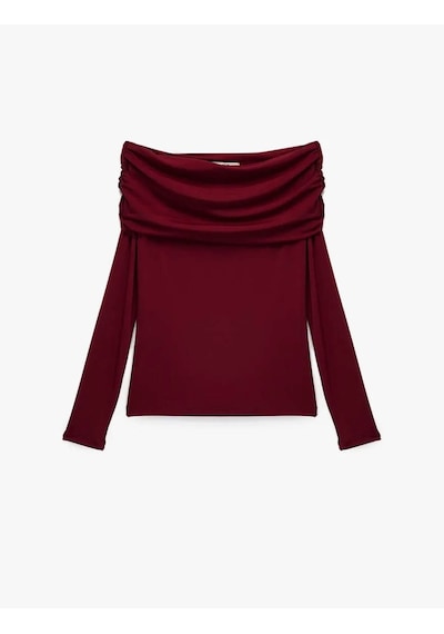 Koton Slim Fit Drapeli Omzu Açık Bordo Kadın Uzun Kollu T-shirt 6wak80032ek Bordo