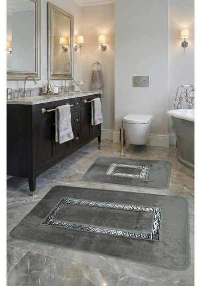 Tr Meram Kaymaz Taban Emici 2'li Ultra Lüks Deri Detaylı Banyo Paspası Seti Gri-gümüş 60x100 Cm Ve 50x60 Cm Genel