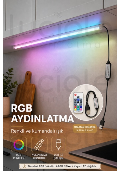 Rf Kumandalı Rgb Led Bar 100 Cm Usb Renk Değiştiren Yapışkanlı Dolap Raf Tezgah Aydınlatma