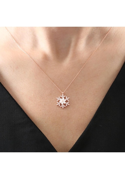 Işıltılı Kar Kristali Manolya Çiçeği Rose Renk Flowers Gümüş Kolye