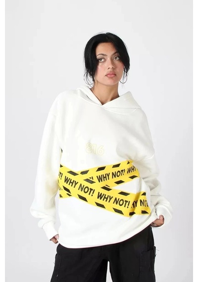 Startmore Why Not Baskılı Beyaz Oversize Unisex Kapüşonlu Beyaz