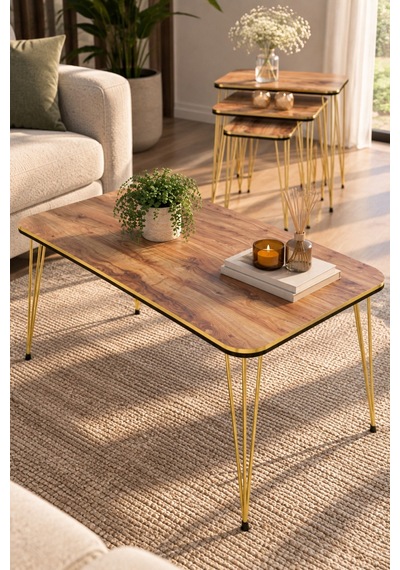 Sulorahome Ceviz Desenli Gold Tel Ayaklı 4'lü Sehpa Seti Ceviz - Altın