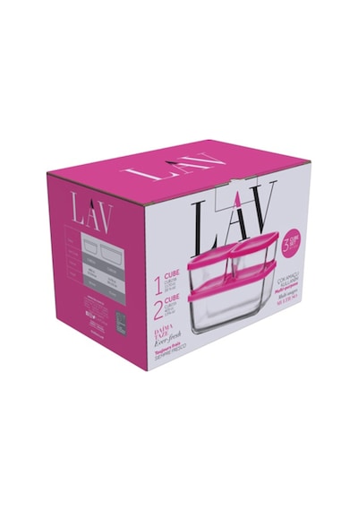 Lav Cube Cam Saklama Kabı Seti 3'lü Büyük Boy 1170 ml Pembe Plastik Kapaklı