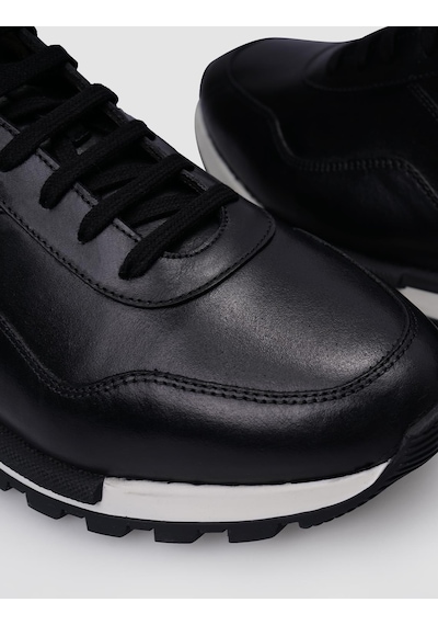 Hakiki Deri Siyah Bağcıklı Erkek Sneaker Siyah
