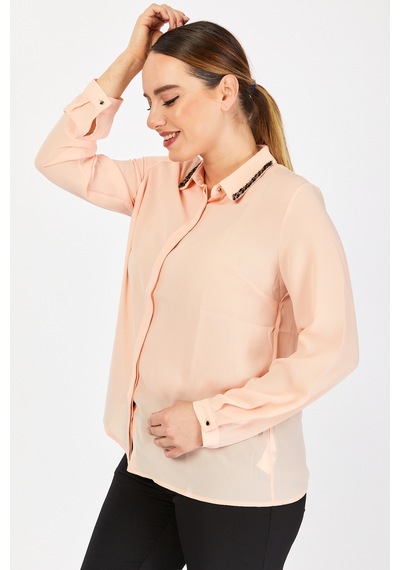 Pera Moda Büyük Beden Yaka Boncuklu Pudra Gömlek