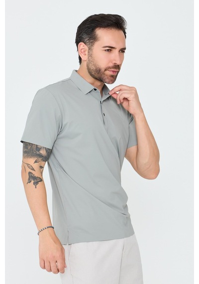 Açık Gri Üç Düğmeli Polo Yaka Erkek Tişört Grey