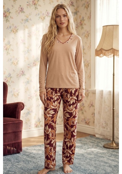 Siyah İnci Ten Rengi V Yaka Nakışlı Viskon Örme Pijama Takım 26224662