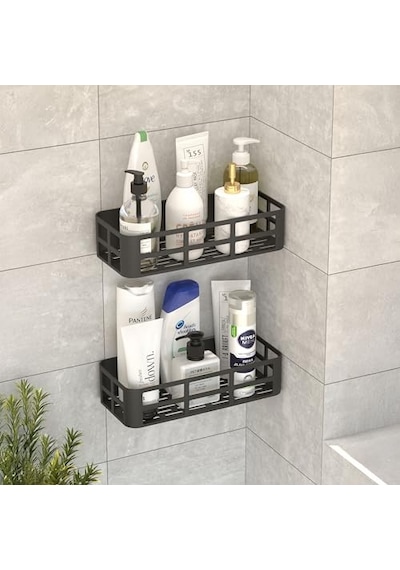 Deconox 2'li Set Siyah Yapışkanlı Banyo Duş Rafı - 27x12 Cm Matkapsız Montaj Şampuanlık Ve Mutfak Baharatlık Organizeri Aahşap