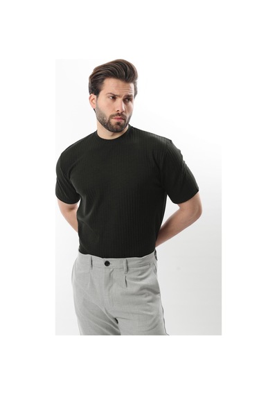 Madmext Siyah Dokulu Çizgi Tasarım Bisiklet Yaka Erkek T-shirt E7122 Siyah
