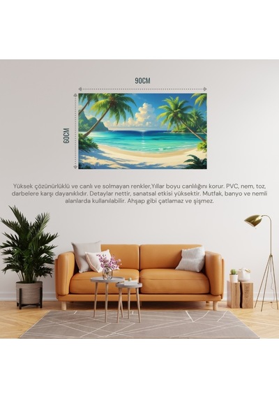 Doğa Ve Manzara Yatay Palmiye Ağaçları Turkuaz Deniz Kum Ve Huzurlu Berrak Gökyüzü 01 Çerçevesiz 90x60cm Pvc Tablo