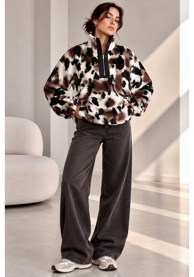 Bbbutikbasic Desenli Dik Yaka Peluş Polar Sweatshirt Nk0606 Kahverengi