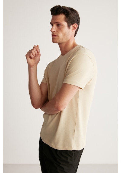 Grimelange Jeremy Erkek Slim Fit Triko Görünümlü Kumaşlı Triko Yakalı Kalın Dokulu Bej T-shirt