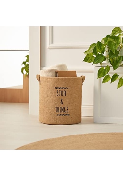 Ocean Home Textile Baskılı Jüt Silindir Sepet //30x31 Aahşap