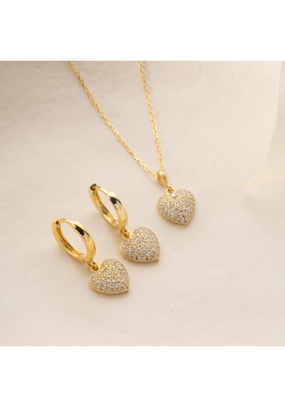 Vaoov 925 Ayar Gümüş 2li Taşlı Kalp Set Gold