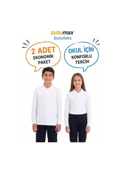 Bulutteks Okullu 2adet Polo Yaka Beyaz Uzunkol Okul Tişört Kıyafetleri Üniforması Çocuk Genç