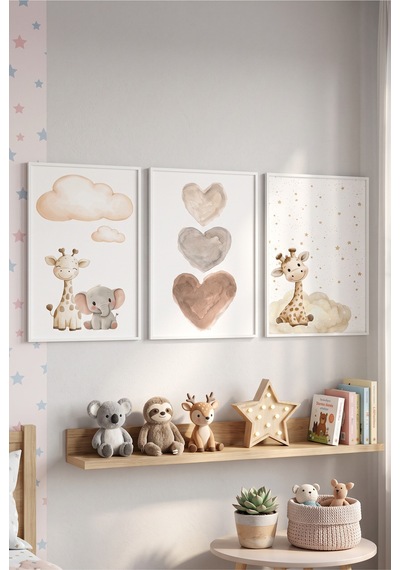 Beyaz Ahşap Çerçeveli Sevimli Zürafa Bebek Odası Çocuk Duvar Tablosu 3 Lü Set Beyaz
