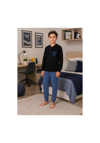 Formo Erkek Çocuk %100 Doğal Pamuk Manşet Paça Uzun Kollu Pijama Takımı Lacıvert