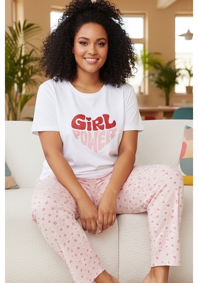 Siyah İnci Desenli Pamuklu Büyük Beden Battal Boy Örme Pijama Takım 26113891 Ekru