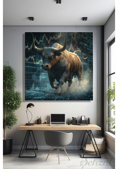 Karetekli Kanvas Duvar Tablosu Modern Salon Ofis Finansal Piyasa Yükseliş Grafik Yapay Zeka Boğa Çok Renkli