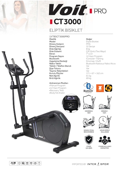 Voit Pro Ct3000 Profesyonel Eliptik Bisiklet 32 Kademe Pms Direnç, 8 Kg Volan, Bluetooth, Kinomap & Zwift Uyumlu, 7'' Lcd Ekran Siyah