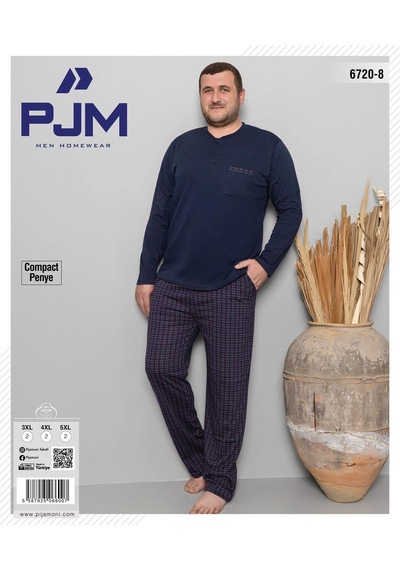 Pijamoni Erkek Battal Düğme Yaka Penye Uzun Kol Pijama Takımı 6720/8 - 1 Adet Lacivert