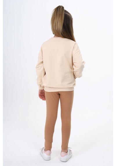 Toontoy Kids Toontoy Kız Çocuk 2'li Takım Baskılı Bisiklet Yaka Düşük Omuz Cepli Sweatshirt & Basic Düz Tayt Bej