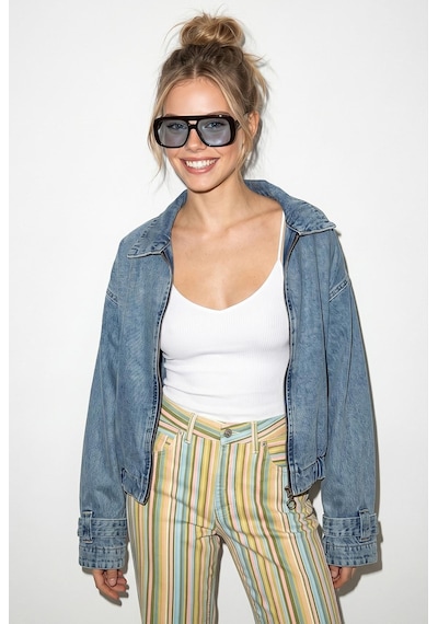 Shade Kadın Fermuarlı Kemer Detaylı Oversize Denim Ceket 3667 60286206 - Buz Mavisi