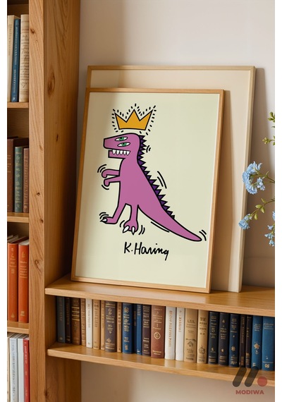 Taçlı Dinozor Pop Art, Ahşap Çerçeveli Duvar Tablosu - Renkli Ev Dekorasyonu