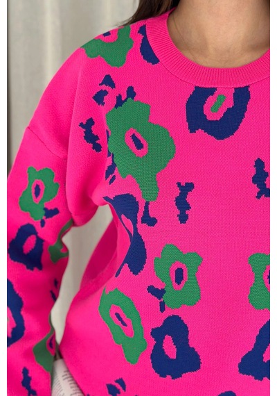 Bisiklet Yaka Uzun Kollu Çiçek Desenli Oversize Triko Kazak Pembe Pembe