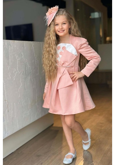 Riccotarz Kız Çocuk Kare Yaka Göğsü Pano Çiçek Asimetrik Kesim Pembe Elbise Pembe