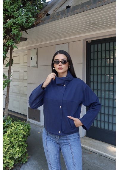 Kechi Woman Gabardin Kumaş Dik Yaka Çıtçıtlı Ceket Lacivert