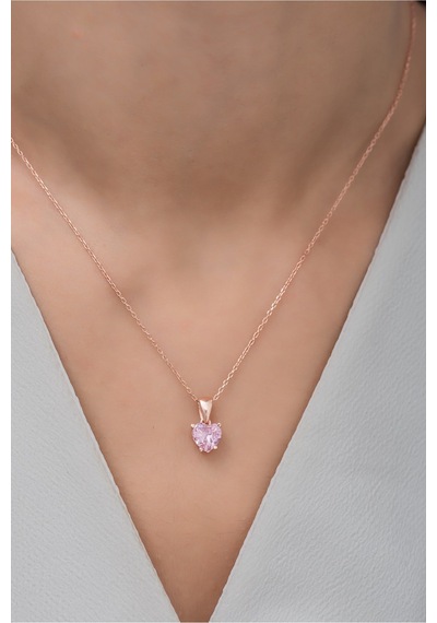 925 Ayar Gümüş Pembe Taşlı Kalp Kolye Rose Gold