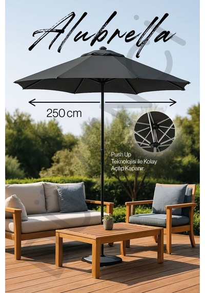Yuvarlak Güneş Şemsiyesi Alubrella Antrasit Renk 250 Cm Çap, Bidonsuz Antrasit