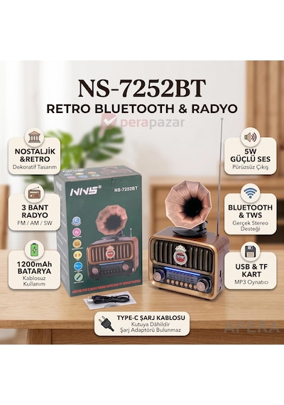 Nns Ns-7252bt Nostaljik Gramofon Radyo Bluetooth Hoparlör Şarj Edilebilir 1200mah Taşınabilir Müzik Çalar Kahverengi